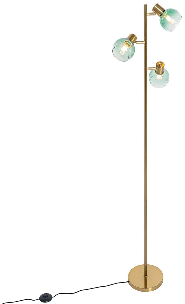 Art Deco vloerlamp goud met groen glas 3-lichts - Vidro