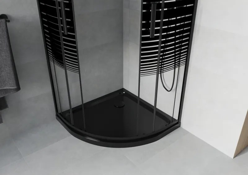 Mexen Rio halve ronde douchecabine 80 x 80 cm, zwarte strepen, zwart + platte douchebak, zwart - 863-080-080-70-20-4170B