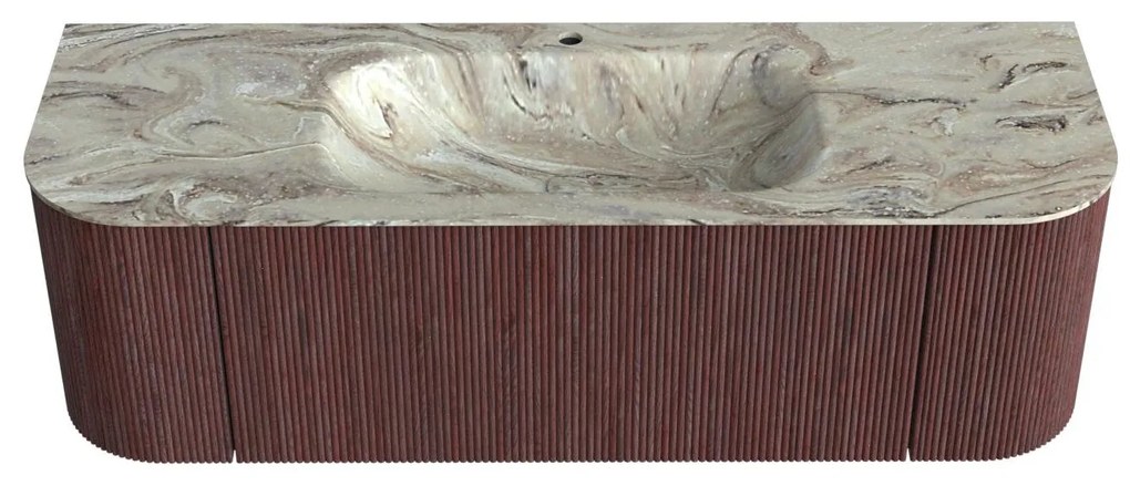 Mondiaz Kurve-dlux 140cm badmeubel ronding links/rechts ruby met 1 lade en 2 deuren en wastafel big small midden 1 kraangat glace