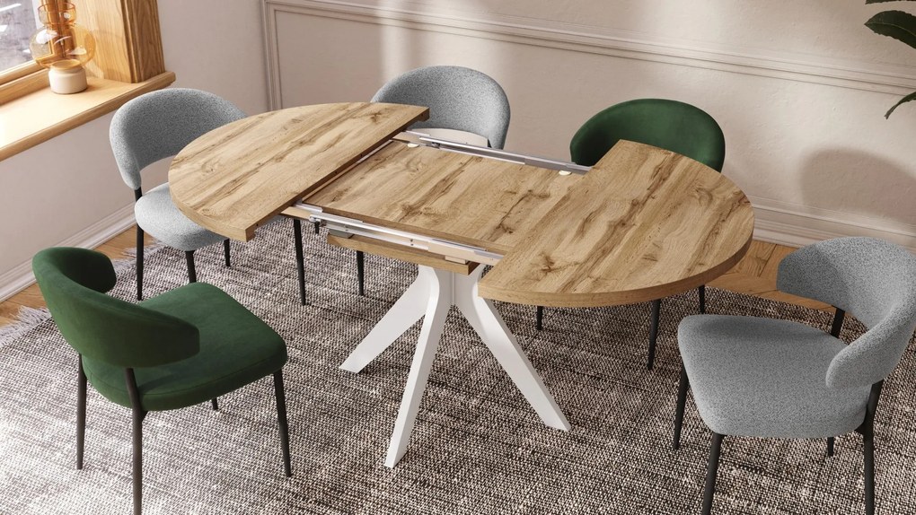 RENZO Wotan Eiken/witte poot - RONDE TAFEL Ø110 UITKLAPBAAR TOT 180 cm | VOOR DE KEUKEN EETKAMER WOONKAMER RETRO