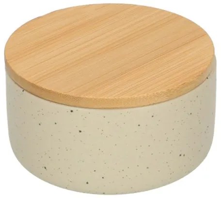 Bakje + deksel, beige spikkel, keramiek en bamboe