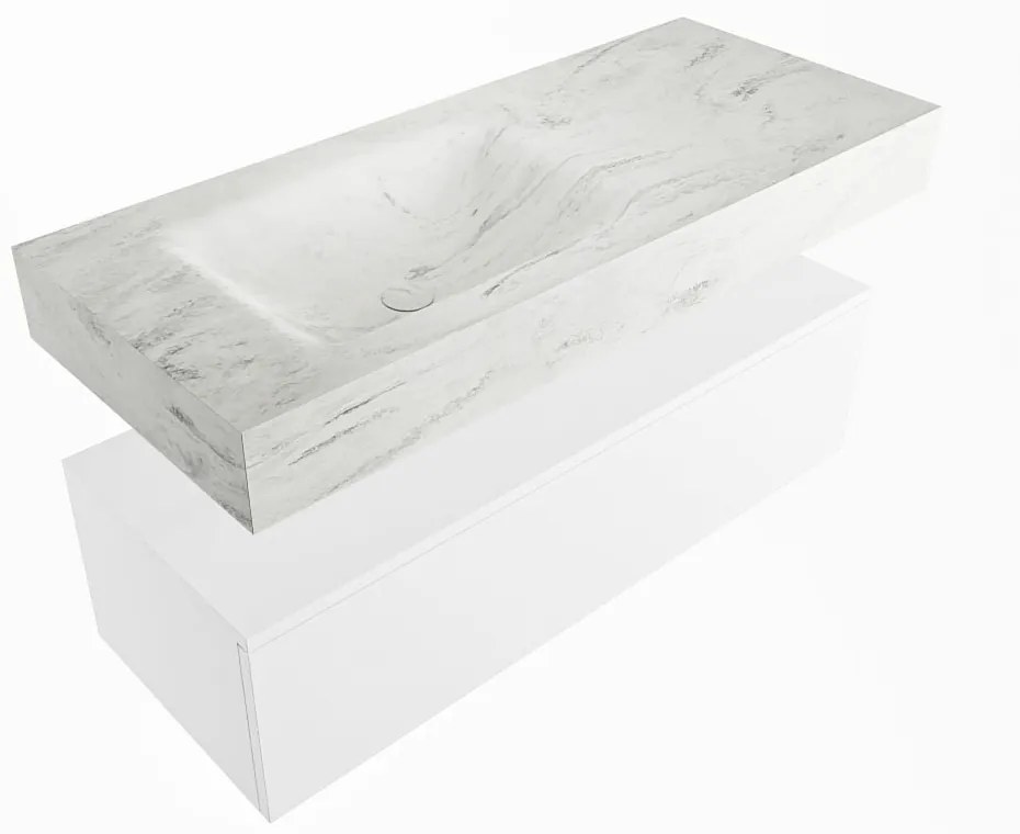 Mondiaz Alan DLux badmeubel 110cm talc 1 lade met wastafel opalo links 1 kraangat