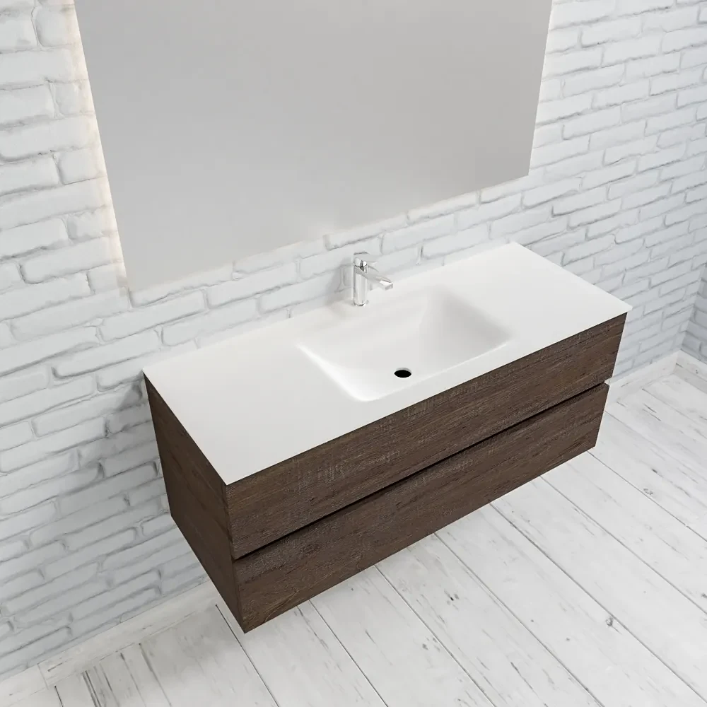 Zaro Valencia Solid Surface badmeubel 120cm donker eiken 1 kraangat spoelbak midden met 2 lades