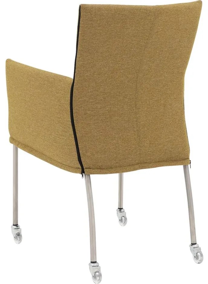 Goossens Eetkamerstoel Funk RVS Poten groen stof met armleuning en Transparant skater wiel met rvs kapmet wielen, modern design