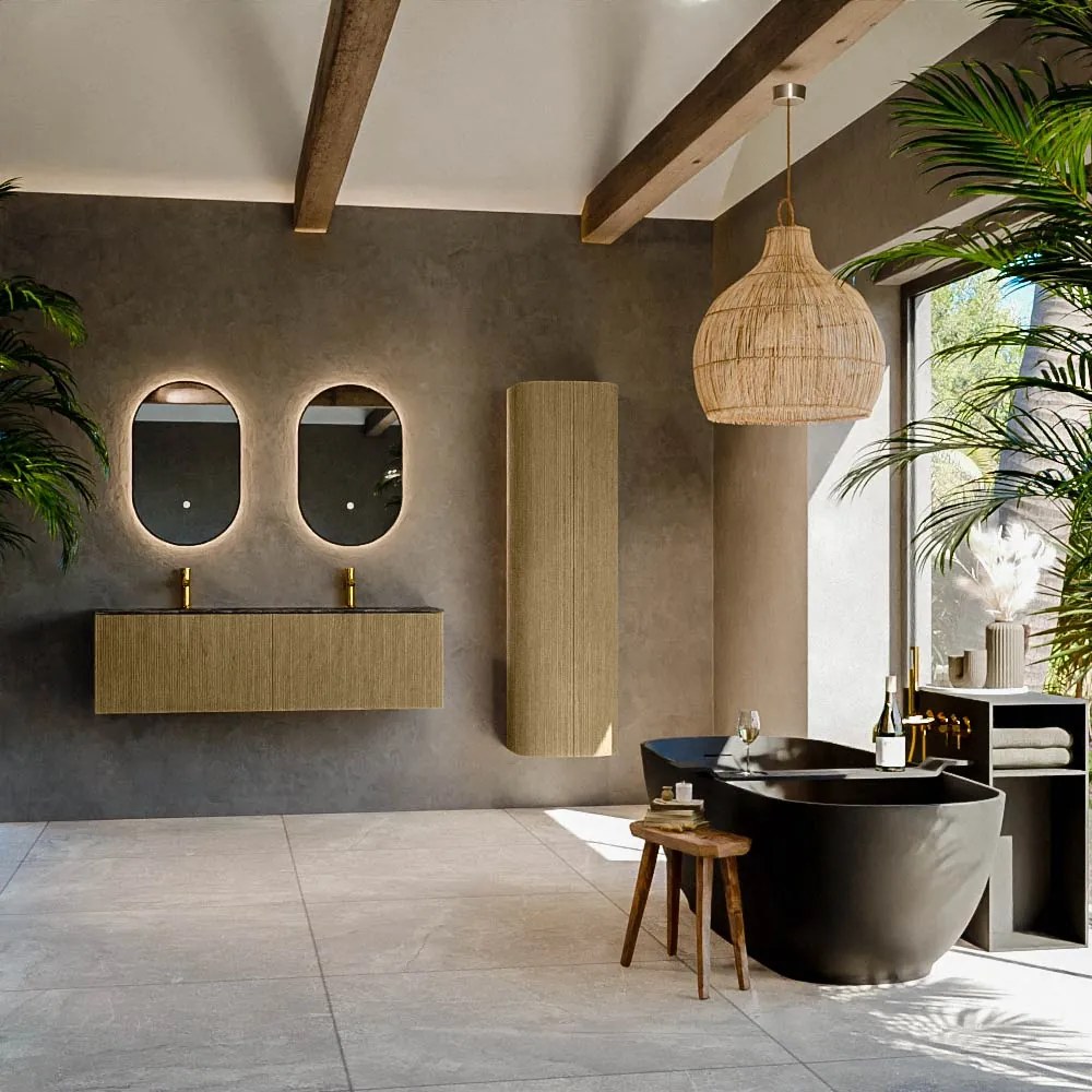 Mondiaz Kurve-dlux 140cm badmeubel dusk met 2 lades en wastafel stor small dubbel 2 kraangaten lava