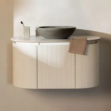 Carsone Hangend Badkamermeubelset Van Hout Wit & Zonder Extra Eenheid & Rond Grijs Cement Ø40 Cm Tarsis & Spiegelloze & Zonder Kraan - Sklum