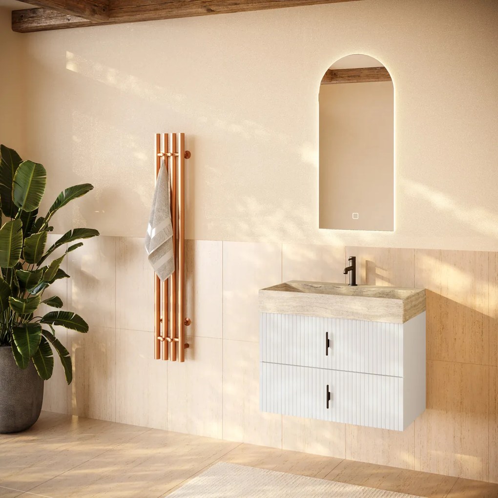 Muebles Murcia badmeubel ribbelfront 80cm wit mat met White Travertin wastafel met kraangat