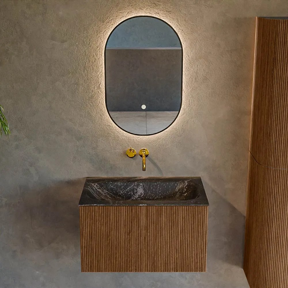 Mondiaz Kurve-dlux 70cm badmeubel walnut met 1 lade en wastafel big small midden zonder kraangat lava