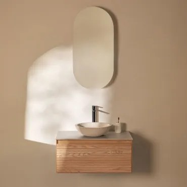 Tedrik Badkamermeubelset In Essenhout Ash Brown & Rond Cement Wit Ø40 Cm Zavion & Ovaal Met Opbergruimte 45x90 Cm Abner & Zwart ↑30 - Sklum