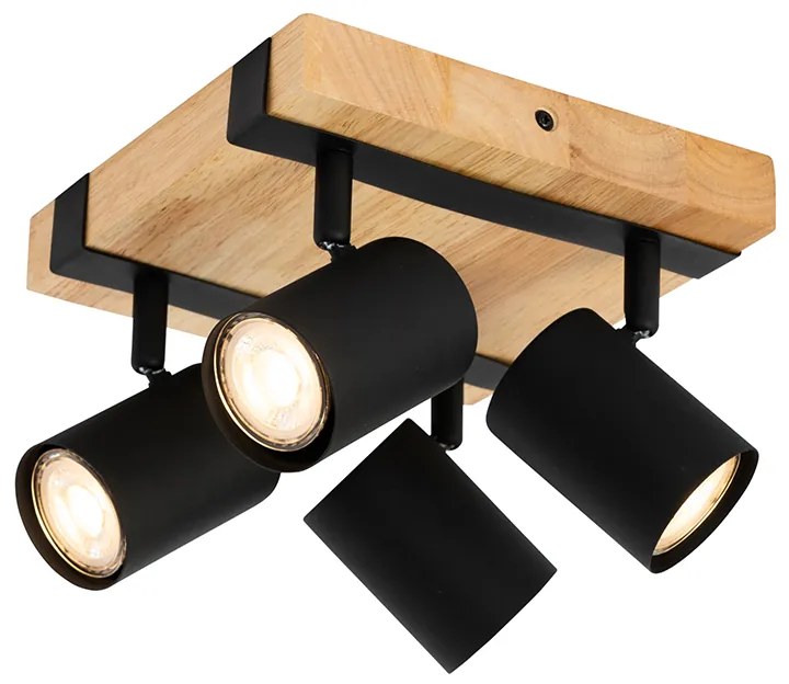 Plafondlamp zwart met hout 4-lichts verstelbaar rechthoekig - Jeana