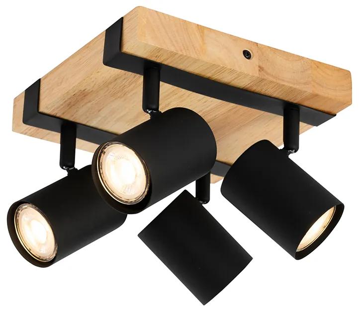 Plafondlamp zwart met hout 4-lichts verstelbaar rechthoekig - Jeana Modern, Industriele / Industrie / Industrial GU10 vierkant Binnenverlichting Lamp