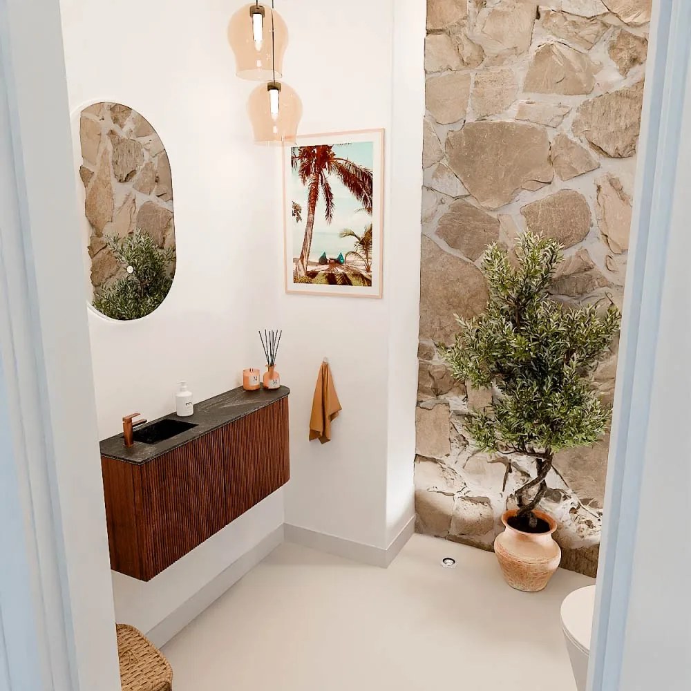 Mondiaz Joya DLux 90cm toiletmeubel ronding rechts ruby met wastafel faye links 1 kraangat lava