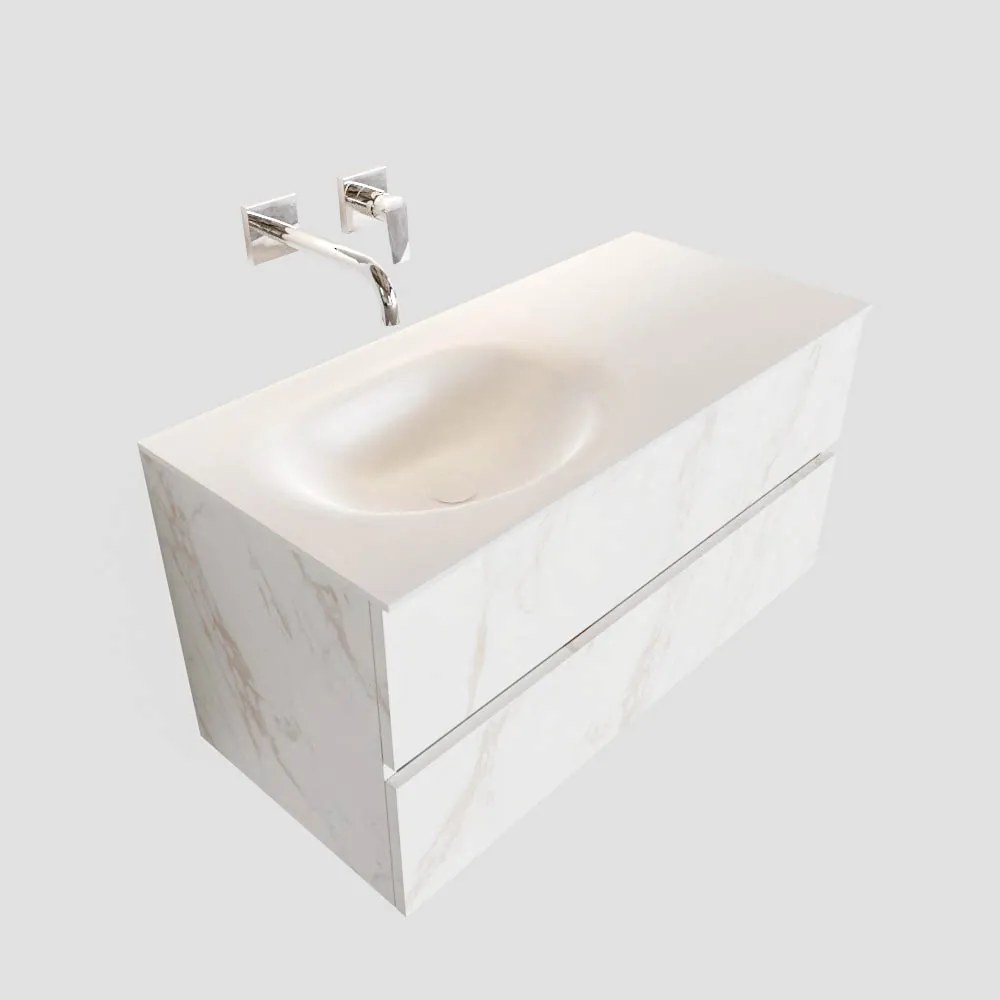 Zaro Sevilla Solid Surface badmeubel 100cm zonder kraangat wit marmer spoelbak links met 2 lades