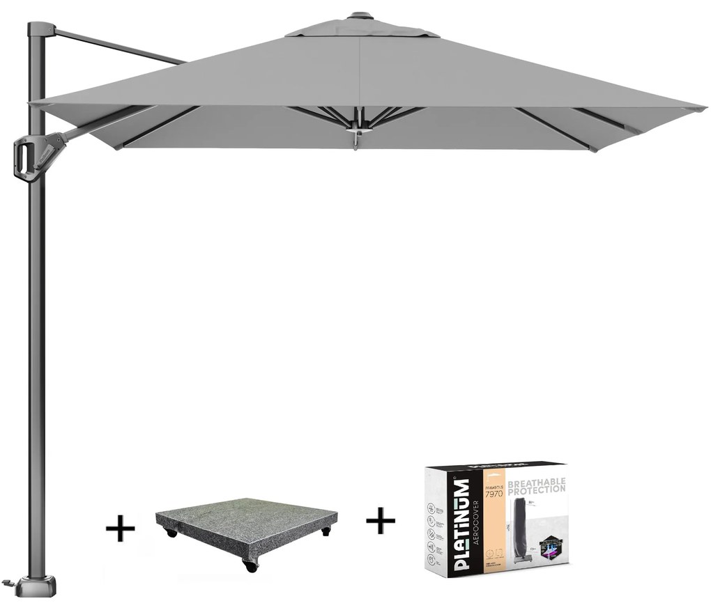 Voyager T1 zweefparasol 250x250 cm lichtgrijs met 75 KG voet en hoes