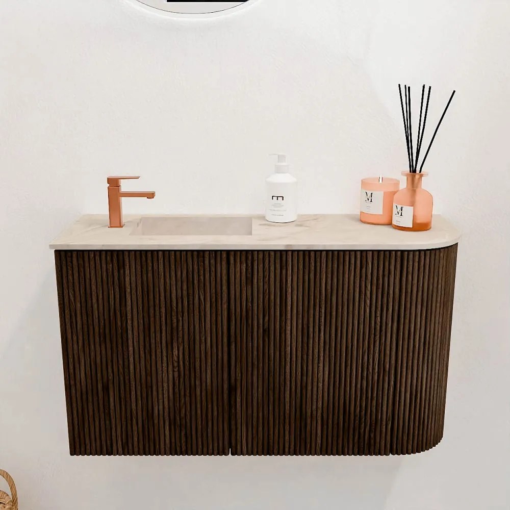 Mondiaz Joya DLux 70cm toiletmeubel ronding rechts walnut met wastafel faye links 1 kraangat frappe