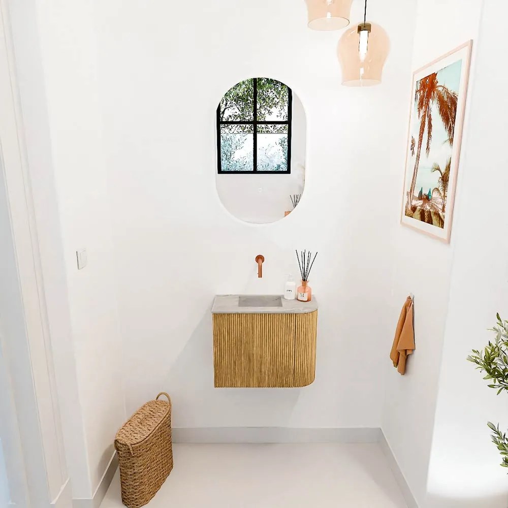Mondiaz Joya DLux 50cm toiletmeubel ronding rechts oak met wastafel faye links zonder kraangat glace