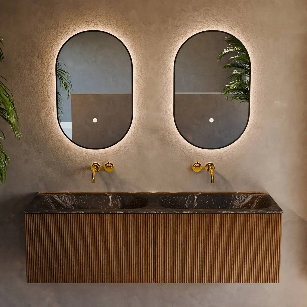 Mondiaz Kurve-dlux 140cm badmeubel dusk met 2 lades en wastafel stor small dubbel zonder kraangat lava
