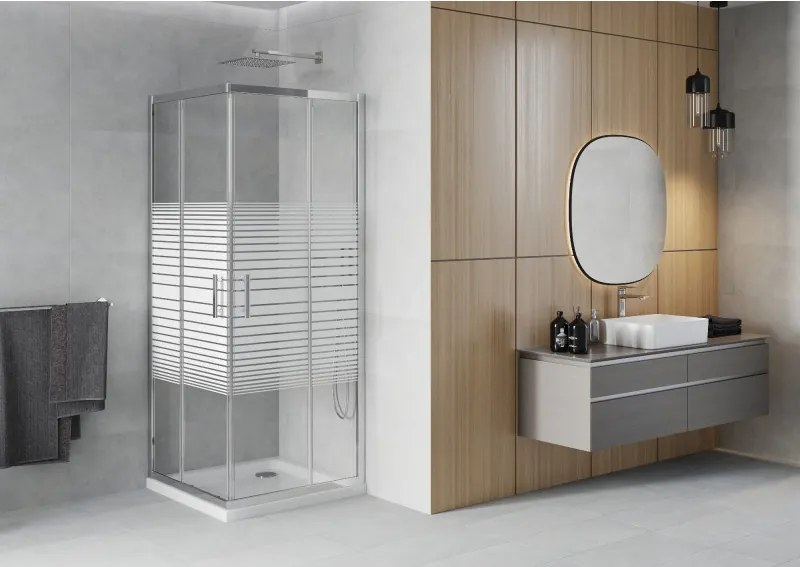 Mexen Rio vierkante douchecabine 80 x 80 cm, witte strepen, chroom + Flat douchebak, wit - 860-080-080-01-20-4010