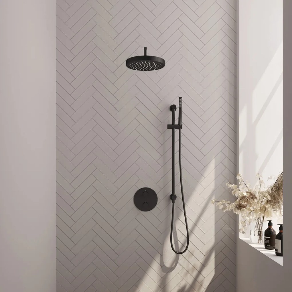 Brauer Stripe inbouw regendouche rond met 25cm hoofddouche, rond met gebogen muurarm, glijstang en staafhanddouche set 44 zwart mat