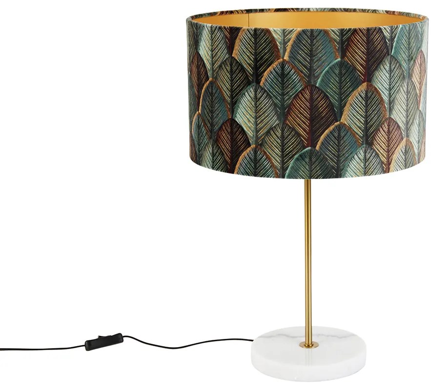 Tafellamp messing met velours lampenkap blad dessin met gouden binnenkant - Kaso