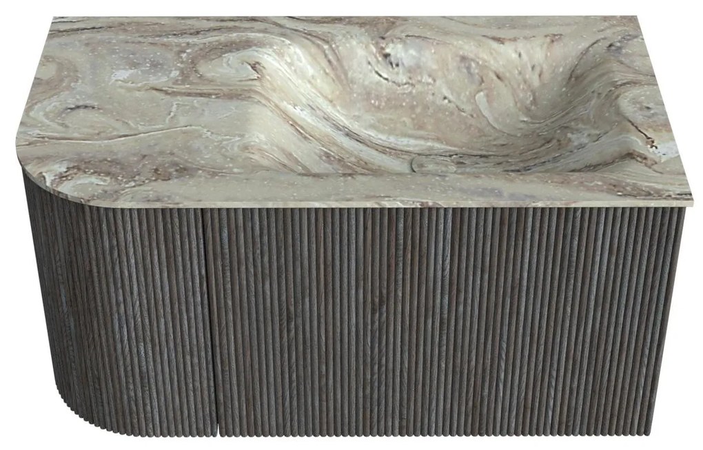 Mondiaz Kurve-dlux 85cm badmeubel ronding links shadow met 1 lade en deur en wastafel cloud rechts zonder kraangat glace