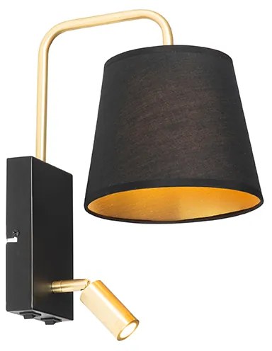 Moderne wandlamp zwart en goud met leeslamp - Renier