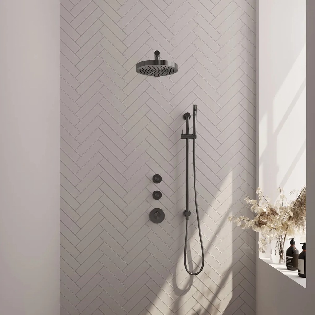 Brauer Stripe inbouw regendouche met 25cm hoofddouche, rechte muurarm, staafhanddouche en glijstang set 7 gunmetal geborsteld PVD