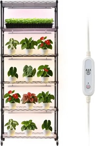VEVOR plantenrek met kweeklamp, plantenstandaard met 6 lagen, wielen en timer van 4/9/14 uur, 150W 3-kleuren full spectrum lampen, bloemenrek voor zaaien, 75x35x180cm