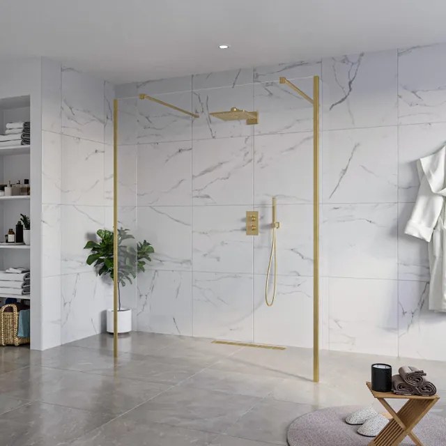 Fortifura Galeria Vrijstaande Inloopdouche - 160x200cm - Helder - antikalk - 8mm veiligheidsglas - 2 zijwanden 40cm - wandsteunen en hoekprofielen - Geborsteld Messing PVD (Goud) SW927770 2x/SW797918/SW797911 2x/SW798731 2x