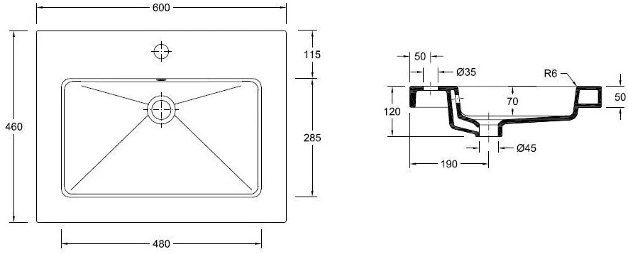 Mueller Single flat meubelwasbak 60x46cm met kraangat