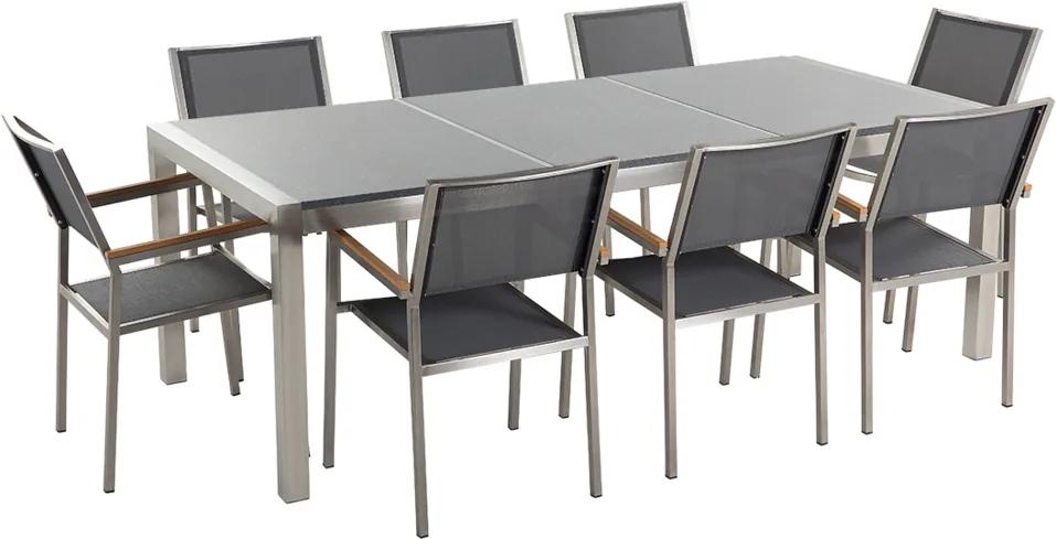 Tuinset gepolijst graniet/RVS grijs driedelig tafelblad 220 x 100 cm met 8 stoelen grijs GROSSETO