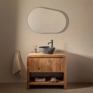 Vacry Houten Badkamermeubelset Acacia Bruin & Ovaal Led En Anticondens 100x80 Cm Riben & Mat Zwart ↑30 Cm Met Afvoerkraan Zonder Overloop Orveta & &#x