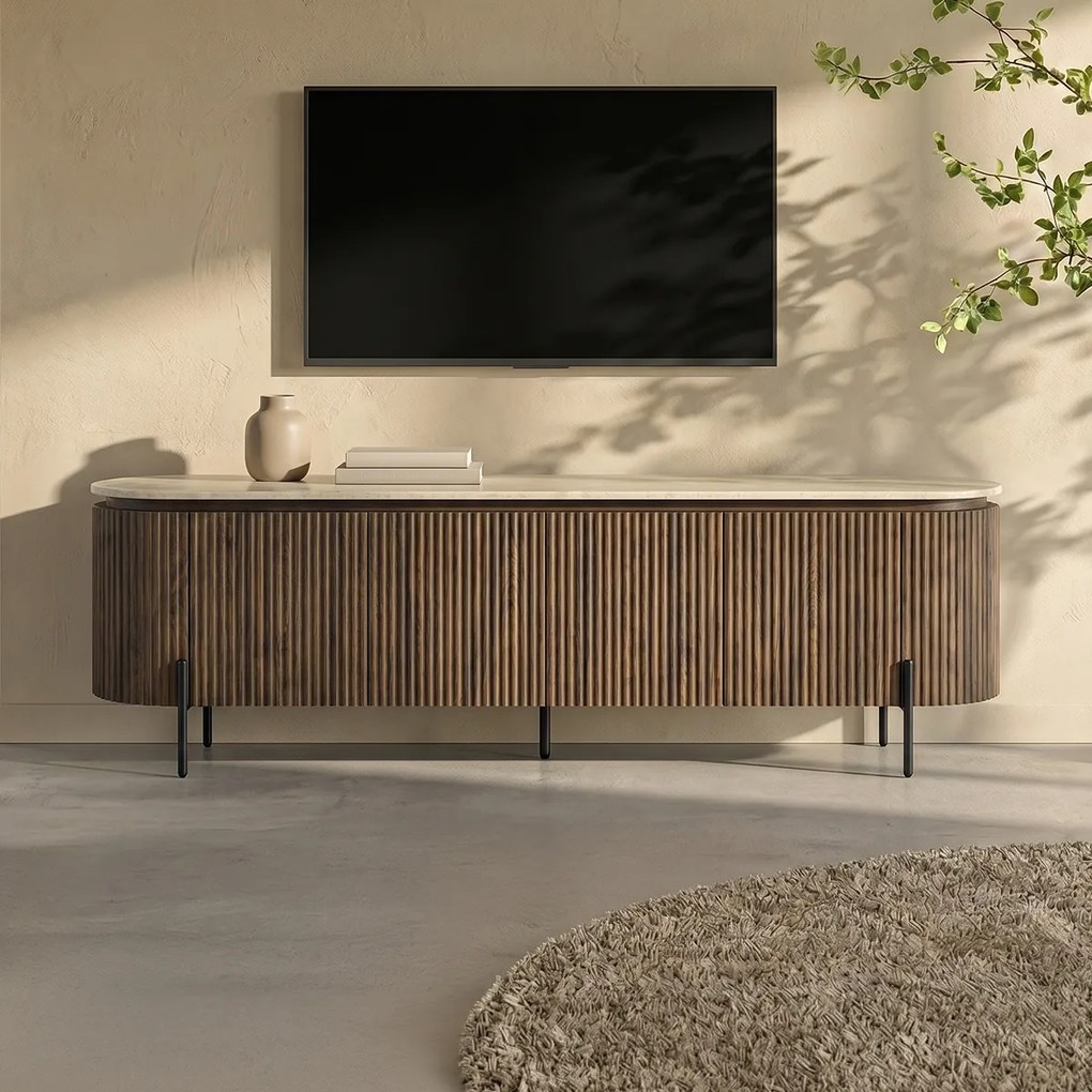 TV Meubel Walnoot Met Marmer - 200x40x55cm.