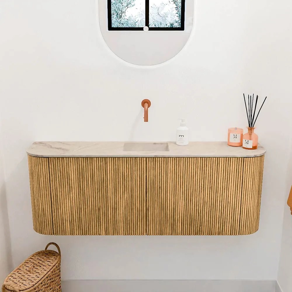 Mondiaz Joya DLux 115cm toiletmeubel ronding links/rechts oak met wastafel faye midden zonder kraangat frappe