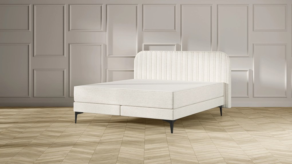 Emma Signature Boxspring Bed 140x200 - Beige - Strepen Hoofdbord - Zwart metaal Pootjes