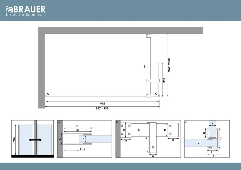 Brauer Oblivion inloopdouche helder glas 100cm met 40cm zijwand RVS geborsteld PVD