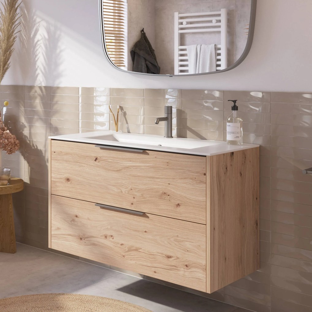 Saqu Lima voorgemonteerd badmeubel met rvs greep incl. matte keramische wastafel 101x46cm naturel eiken