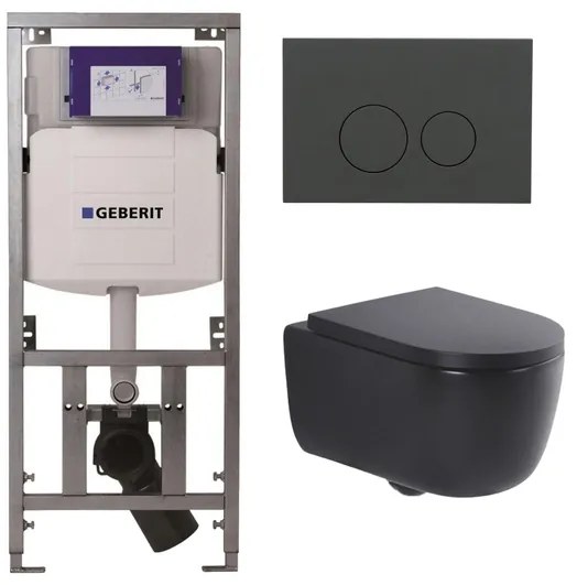 QeramiQ Dely Swirl Toiletset - 36.3x51.7cm - Geberit UP320 inbouwreservoir - met Burda frame - 35mm zitting - bedieningsplaat mat antraciet - ronde knoppen - mat zwart 0701131/SW1102376/SW1000769/SW1026258