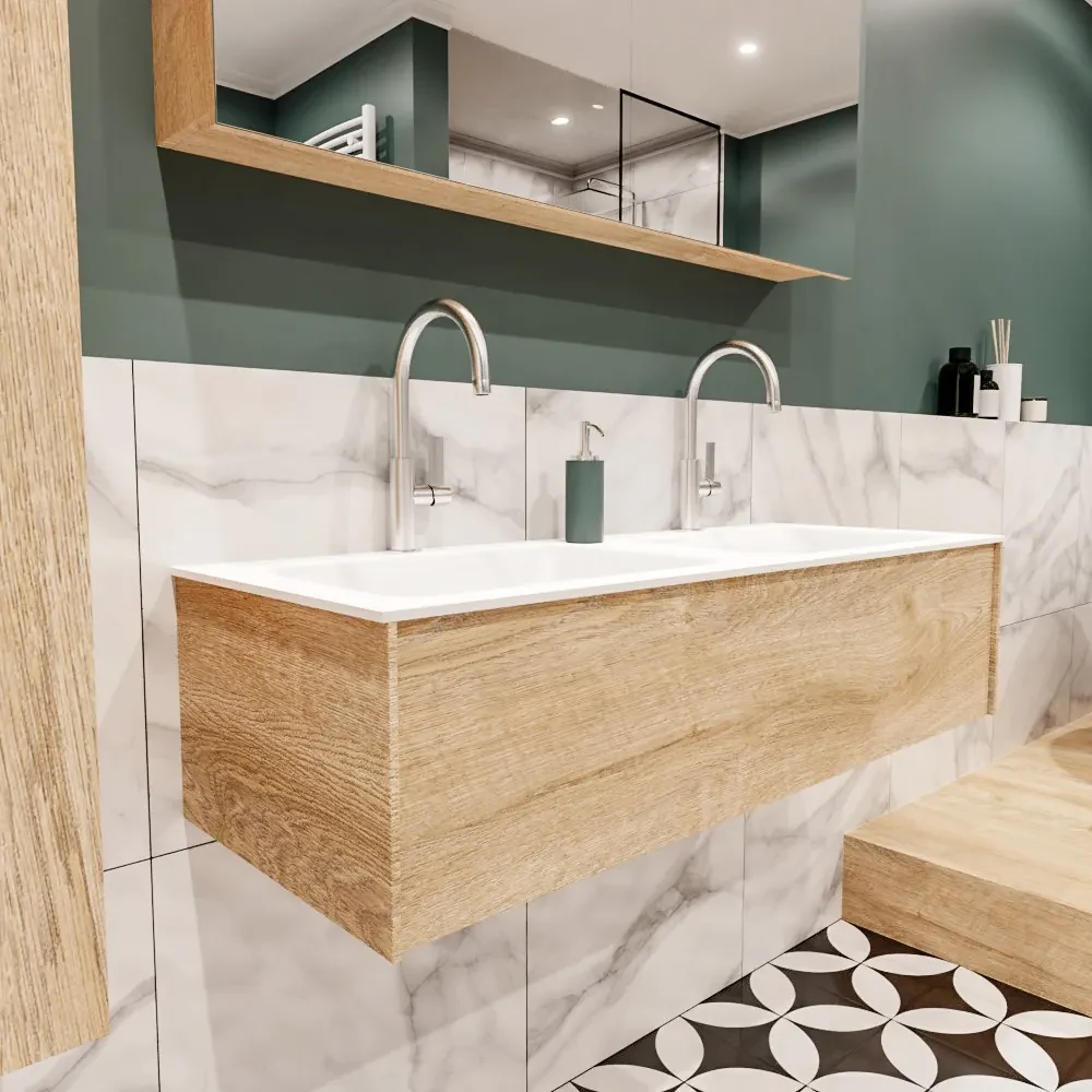 Lush onderkast 120cm in kleur WASHED OAK met 1 lade Push tot open geschikt voor dubbele wastafel. Compleet met solid surface wastafel cloud M35165met 2 kraangat(en)