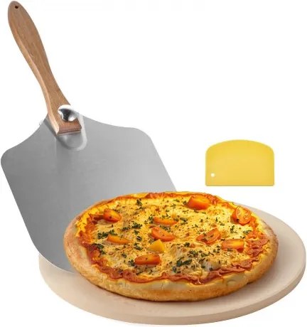 VEVOR Pizzasteen Baksteen 381 x 381 mm, Ronde Cordieriet Pizzasteen, Grote Steenplaat met Schraper en Aluminium Schil, 17 mm Dik, Hittebestendig, Geschikt voor Keukenovens, Broodbakken en Pizzabakken