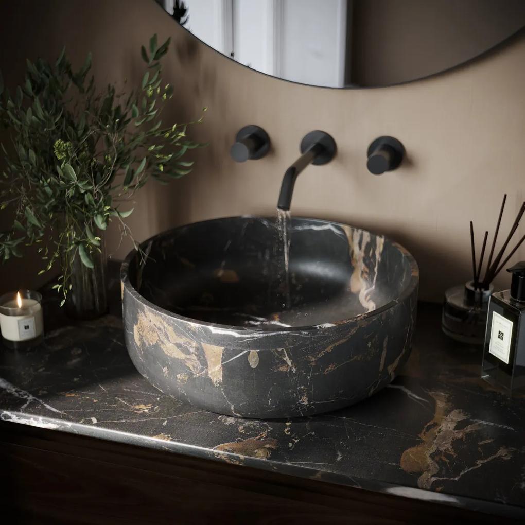 Fontana Portoro Gold marmer badmeubel 80cm mat zwart met ribbelfront en toppaneel met ronde waskom