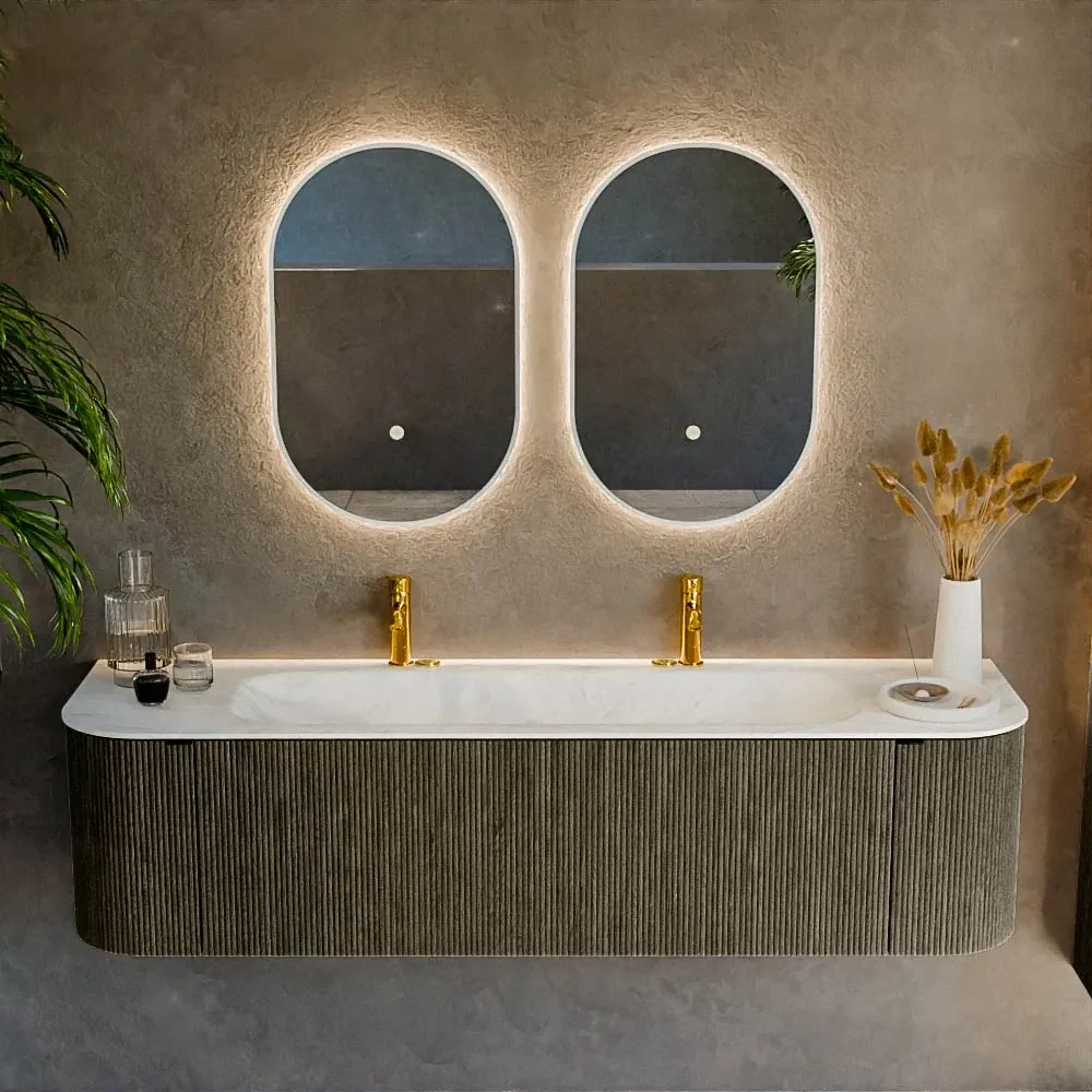 Mondiaz Kurve-dlux 170cm badmeubel ronding links/rechts shadow met 1 lade en 2 deuren en wastafel big large midden 2 kraangaten opalo