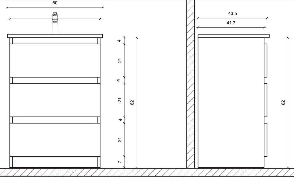 Sanigoods Rocky staand badmeubel 60cm zwart met keramische wastafel zonder kraangat wit glans