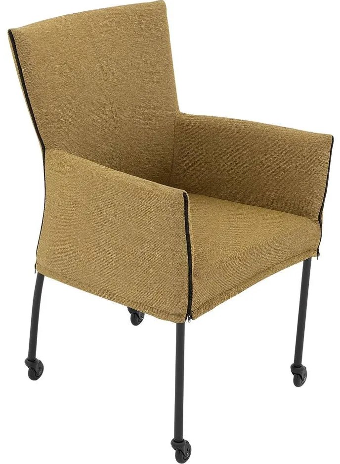 Goossens Eetkamerstoel Funk Zwarte Poten groen stof met armleuning en Zwart skater wiel met zwarte kapmet wielen, modern design