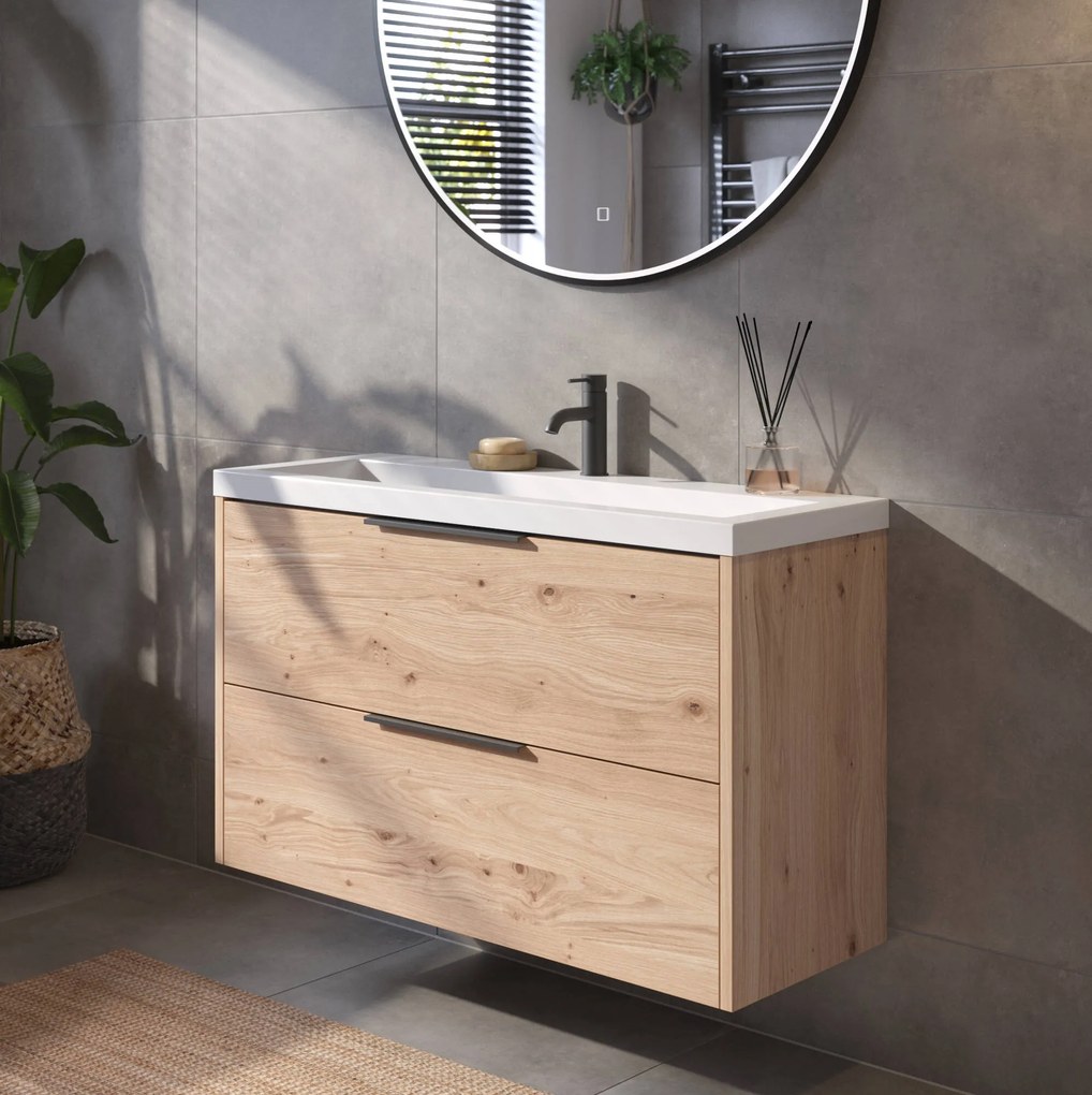 Saqu Lima ondiep badmeubel incl. glans witte wastafel 100x40x64cm naturel eiken – mat zwarte greep