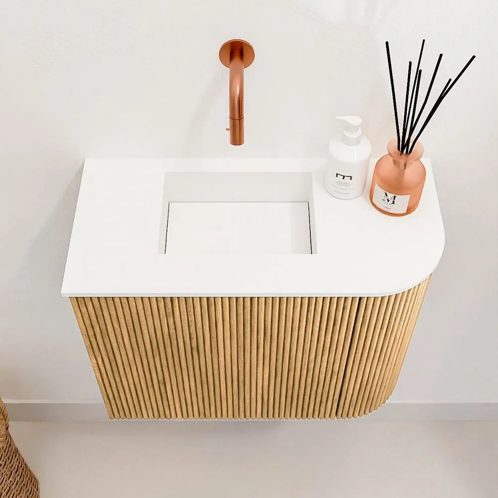Mondiaz Joya 50cm toiletmeubel ronding rechts oak met wastafel faye links zonder kraangat talc