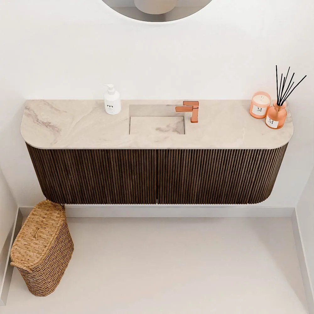 Mondiaz Joya DLux 105cm toiletmeubel ronding links/rechts walnut met wastafel faye midden 1 kraangat frappe