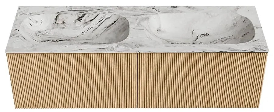 Mondiaz Kurve-dlux 140cm badmeubel oak met 2 lades en wastafel stor small dubbel zonder kraangat glace