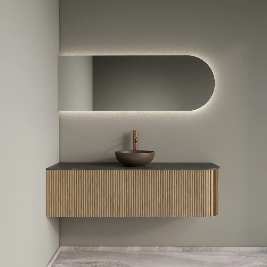 Gliss Design Alluro badmeubel ribbelfront met ronding rechts 140cm mist en zwart leisteen toppaneel