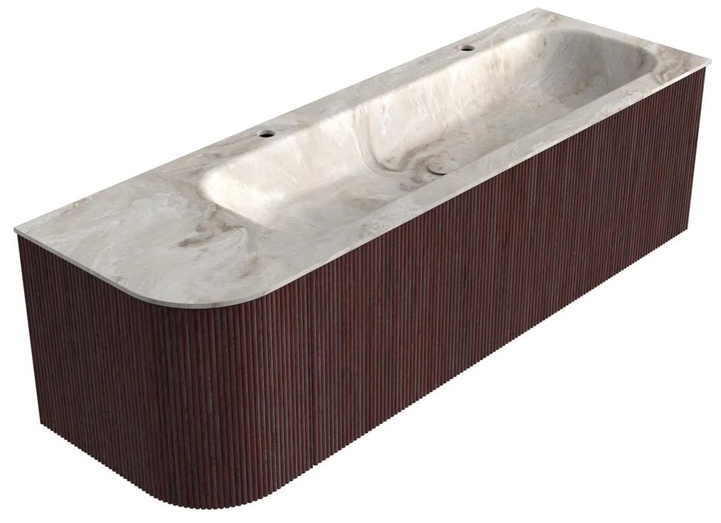 Mondiaz Kurve-dlux 145cm badmeubel ronding links ruby met 1 lade en deur en wastafel big large rechts 2 kraangaten frappe